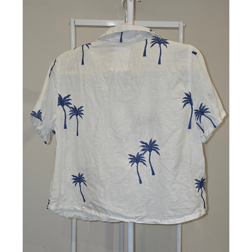 Calypso St Barth White Linen Embroidered Blue Palm Tree Camp Shirt Womens Medium - Picture 3 of 6